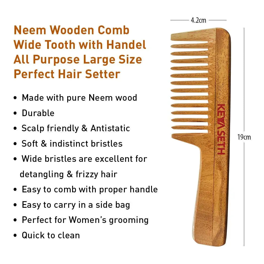 Handmade Neem Wooden Comb for Women: Detangling, Anti-Static, Promotes Hair Growth, Control Frizz, Perfect for Hair Partition, Suitable for All Hair Types Wide Tooth with Handle & Tail Comb Combo 100g