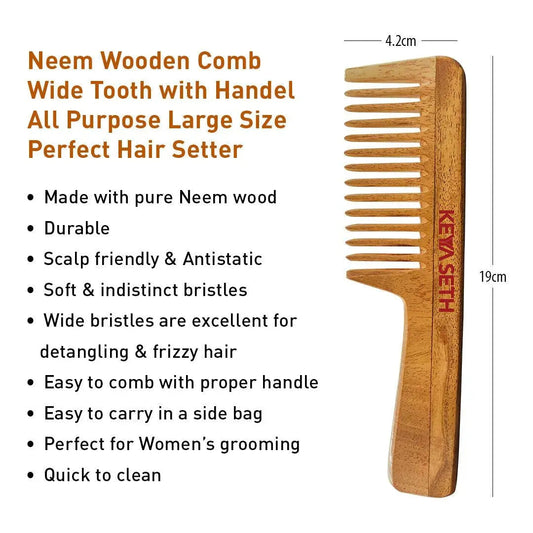 Handmade Neem Wooden Comb for Women: Detangling, Anti-Static, Promotes Hair Growth, Control Frizz, Perfect for Hair Partition, Suitable for All Hair Types Wide Tooth with Handle & Tail Comb Combo 100g