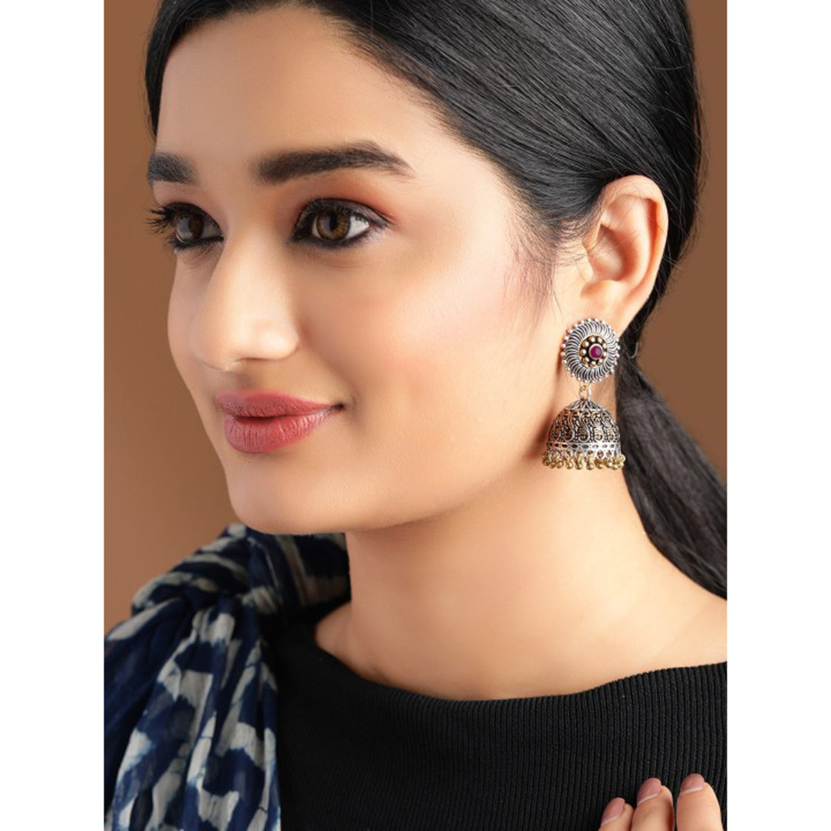 Rubans Silver Plated Handcrafted Oxidised Dual Tone Jhumka Earrings Silver