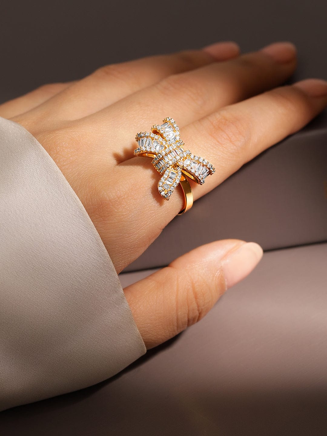 Baguette Studded Bow Ring Gold