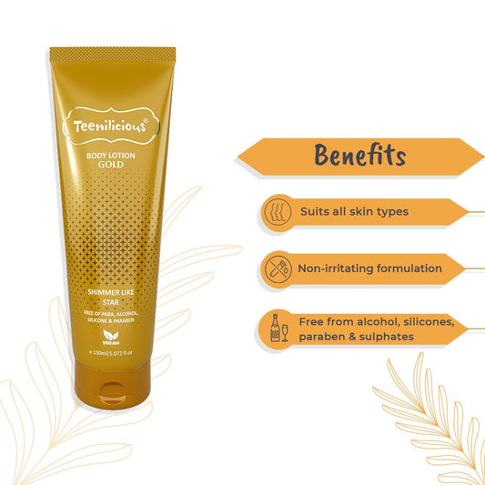 Teenilicious Body Lotion Gold Sparkle - Skin Shine Lotion To Add Natural Shimmer