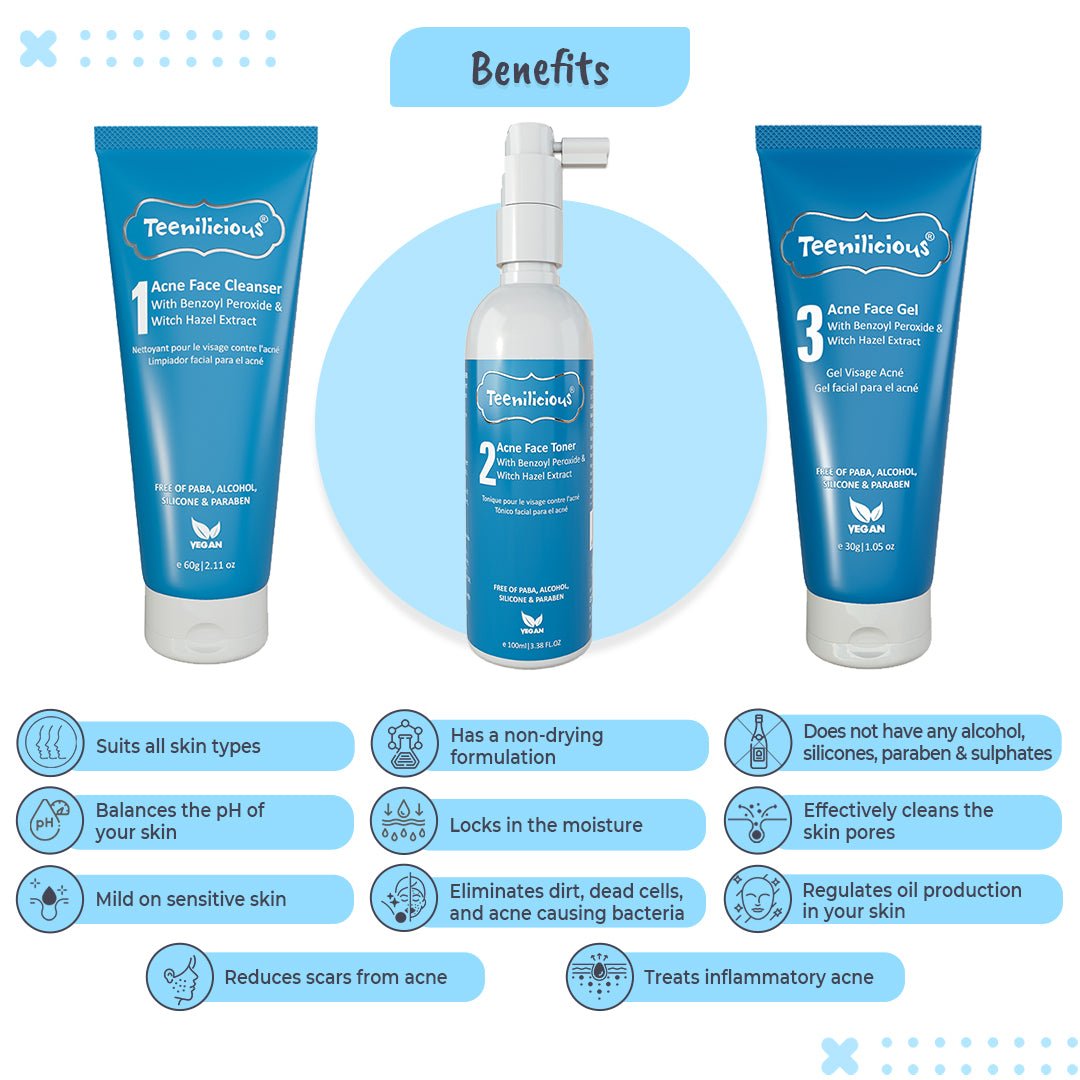 Teenilicious Benzoyl Peroxide Acne Care Kit 190ml - Inflammatory Acne Treatment 190ml
