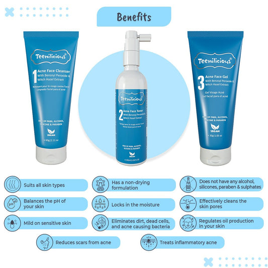 Teenilicious Benzoyl Peroxide Acne Care Kit 190ml - Inflammatory Acne Treatment 190ml
