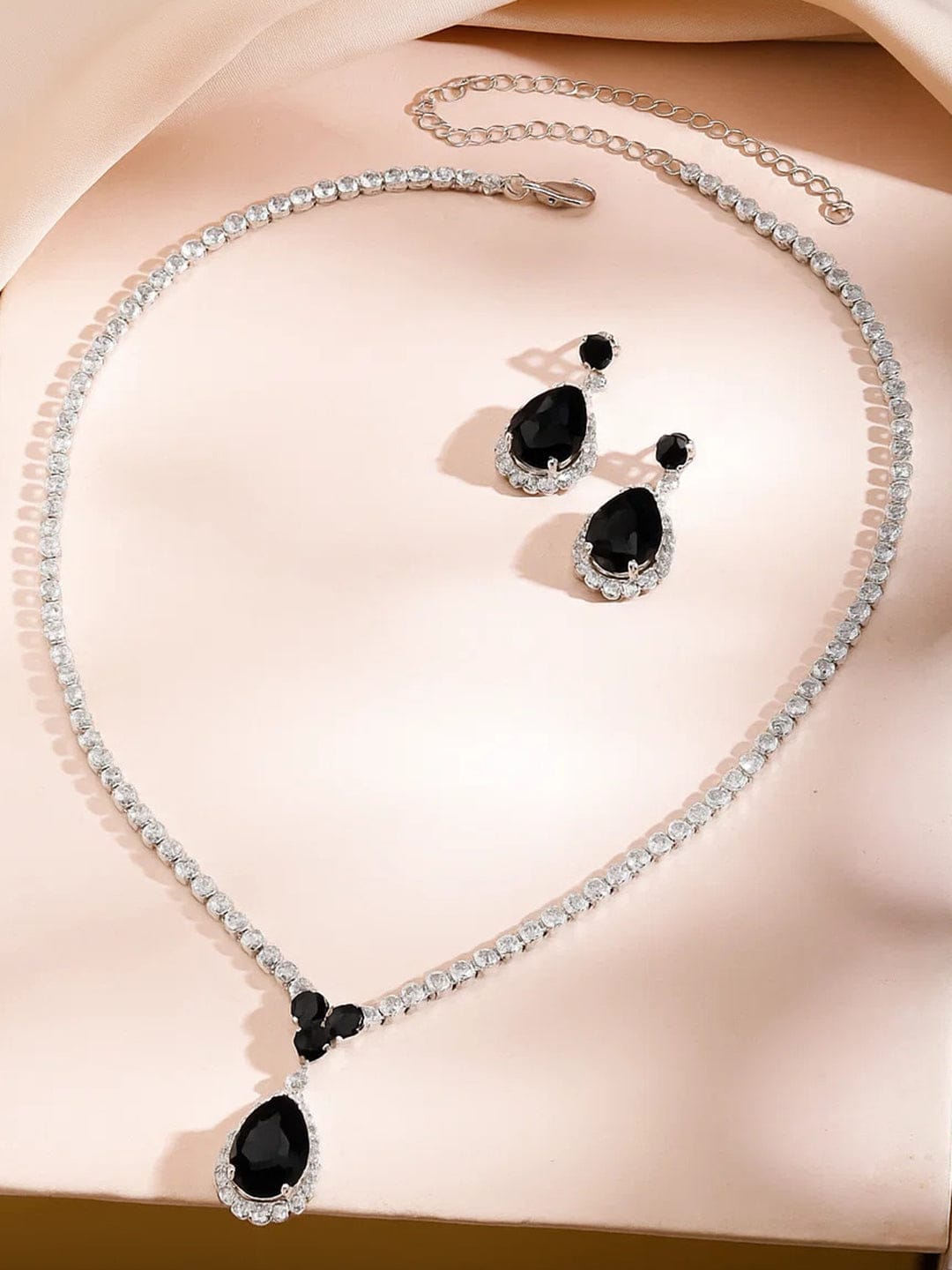 Black American Diamond Zirconia Teardrop Necklace Set フリーサイズ