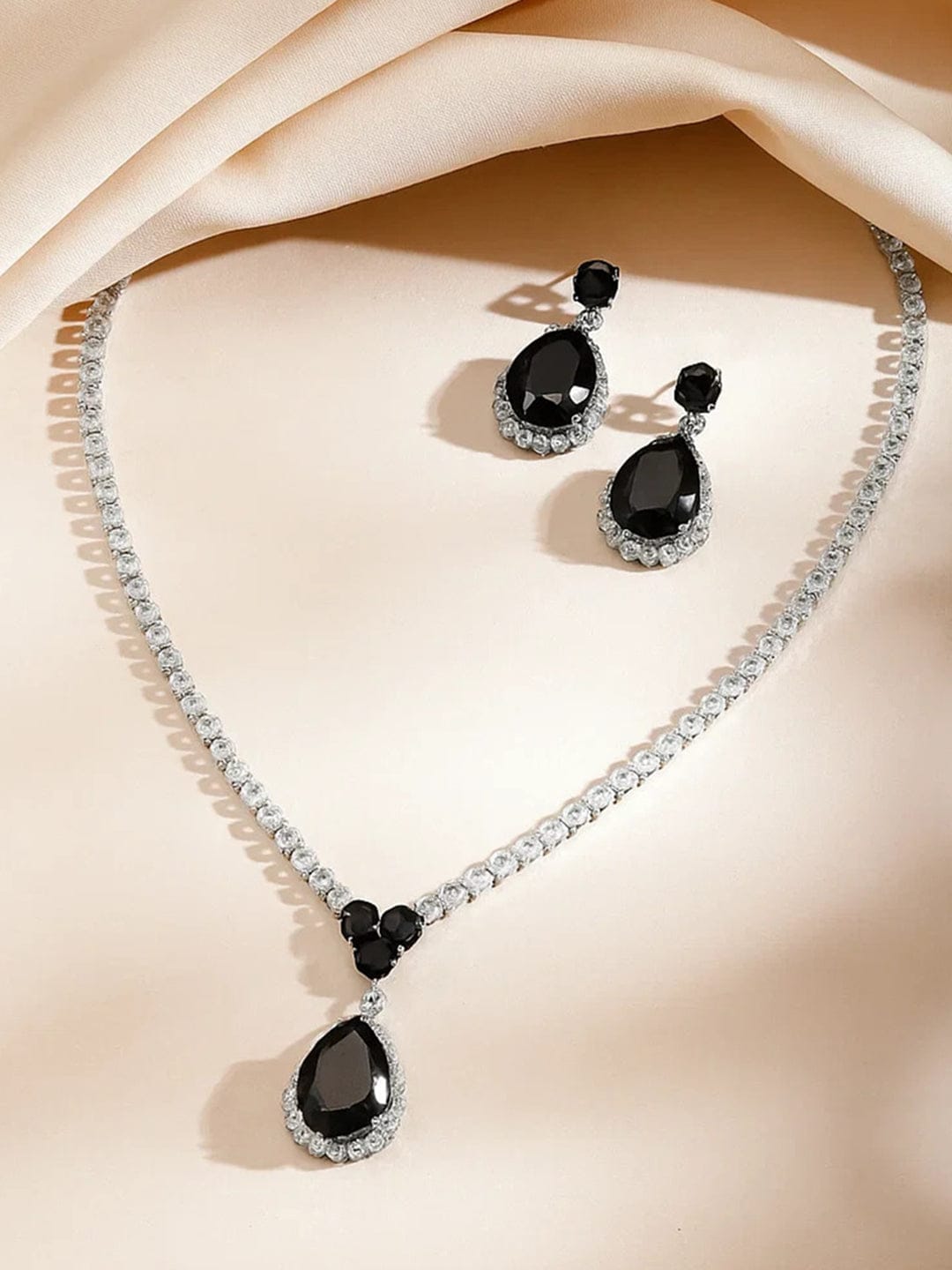 Black American Diamond Zirconia Teardrop Necklace Set フリーサイズ