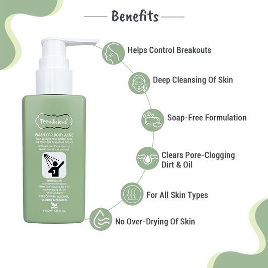 Teenilicious Wash For Body Acne - Body Acne Wash With Salicylic Acid, Azelaic Acid And Tea Tree Oil