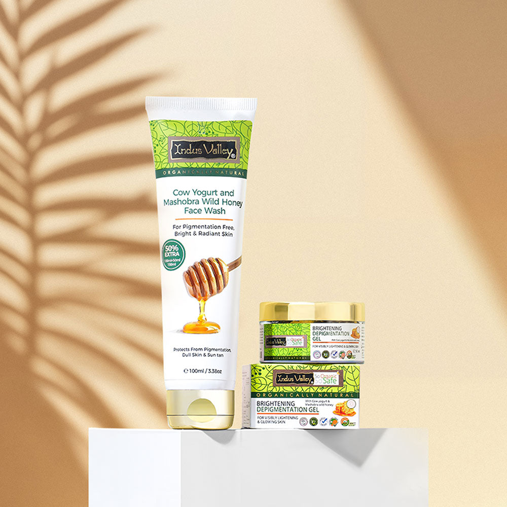 【Indus Valley】 Brightening Depigmentation Gel for Reducing Pigmentation & Dark Spots With Cow Yogurt & Mashobra Honey 50ml · Gel + Face Wash 100ml