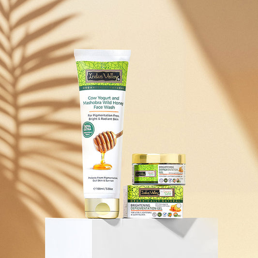 【Indus Valley】 Brightening Depigmentation Gel for Reducing Pigmentation & Dark Spots With Cow Yogurt & Mashobra Honey 50ml · Gel + Face Wash 100ml