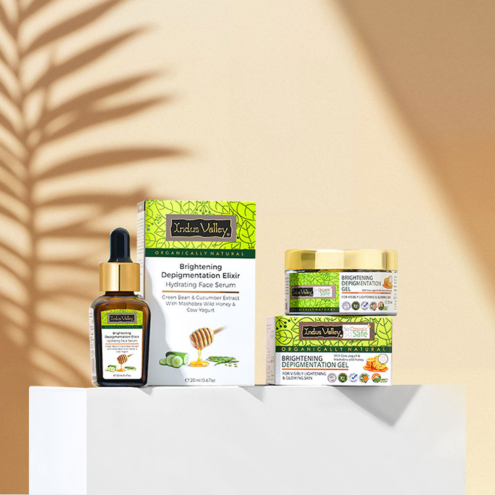 【Indus Valley】 Brightening Depigmentation Gel for Reducing Pigmentation & Dark Spots With Cow Yogurt & Mashobra Honey 50ml · Gel + Depigmentation Elixir 20ml
