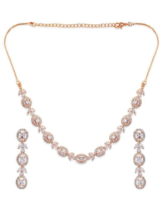 Rubans Simple Gold Toned CZ Necklace Set with Long Earrings Gold