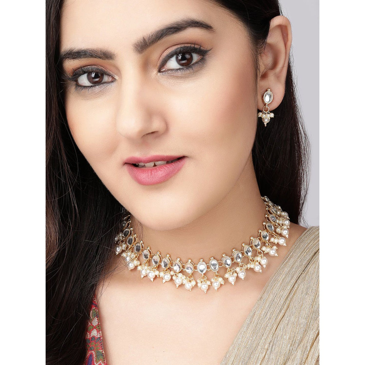 Rubans Gold Plated Kundan Delicate Necklace Set Gold