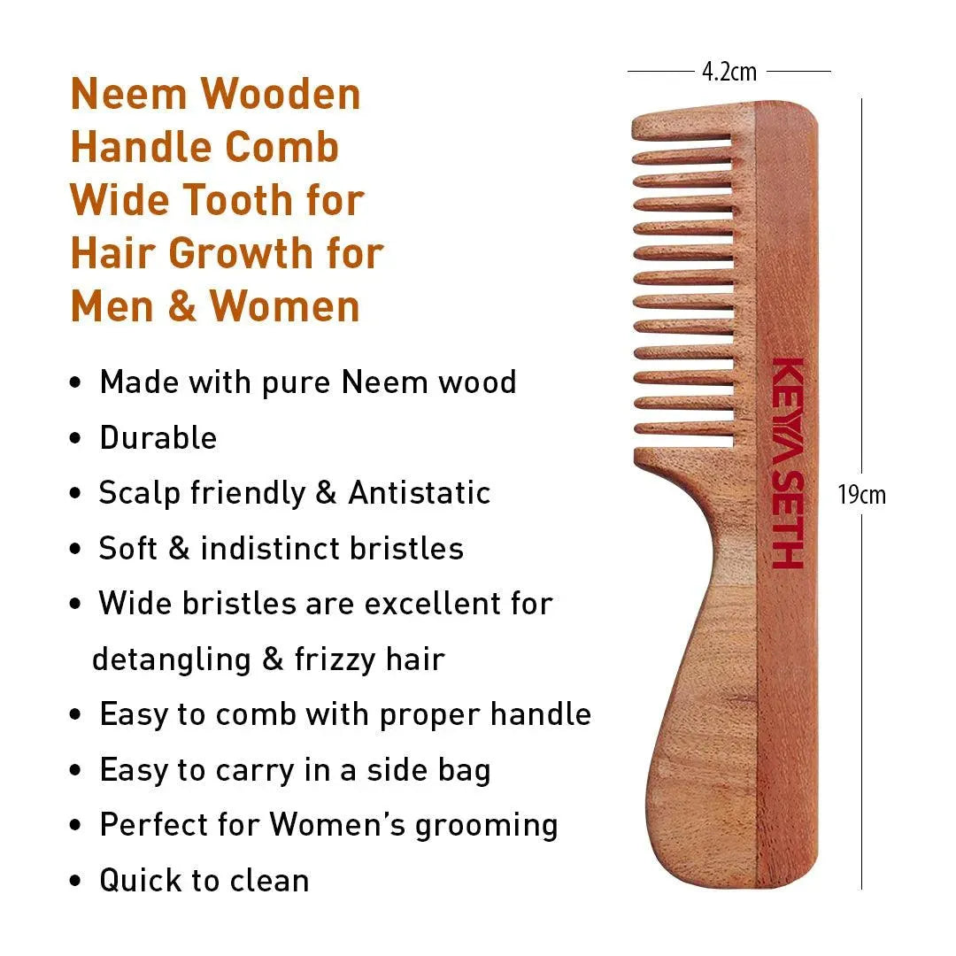 Handmade Neem Wooden Comb for Women: Detangles, Controls Frizz, Anti-Static, Promotes Hair Growth, Suitable for All Hair Types Dual & Wide Tooth with Handle Combo 100g