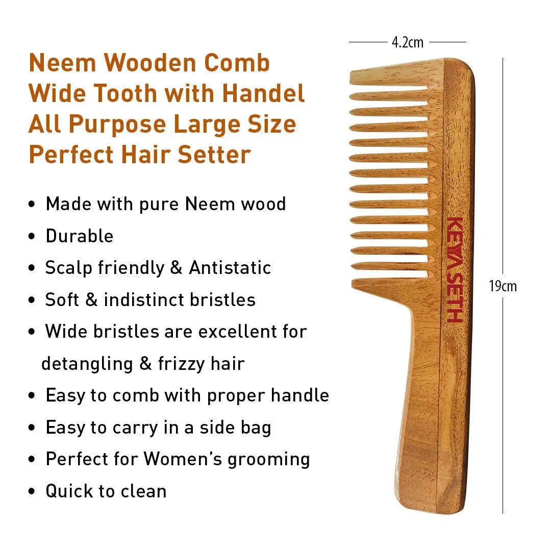 Handmade Neem Wooden Comb for Women Detangling, Anti-Static, Frizz Control, Hair Growth, Suitable for All Hair Types Dual Tooth & Large Size Wide Tooth with Handles Combo 100g