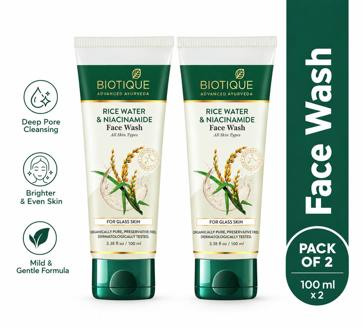【Biotique】 RICE WATER & NIACINAMIDE Gel Face Wash 100ml (Pack of 2)｜ライスウォーター ナイアシンアミド ジェル 洗顔料 2本セット｜100ml×2