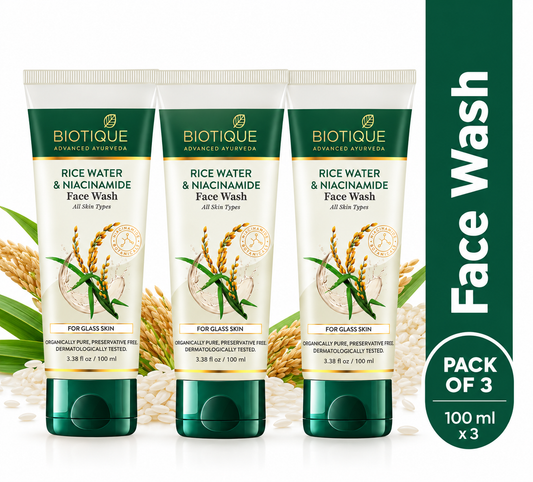 【Biotique】 RICE WATER & NIACINAMIDE Gel Face Wash 100ml (Pack of 3)｜ライスウォーター ナイアシンアミド ジェル 洗顔料 3本セット｜100ml×3