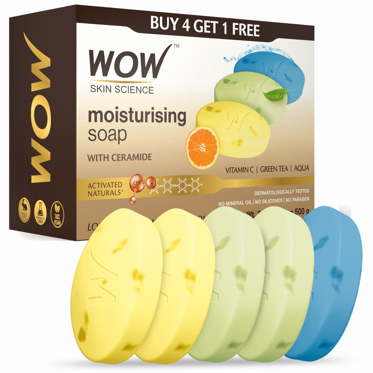 【WOW Skin Science】 Moisturizing Soaps with Ceramide - Vitamin C, Green Tea, Aqua - Pack of 5｜セラミド配合 モイスチャライジングソープ 3種アソート 5個セット｜500g