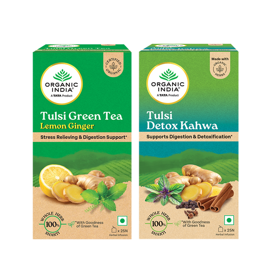 【Organic India】 Tulsi Green Tea Lemon Ginger & Detox Kahwa Combo｜トゥルシー グリーンティー レモンジンジャー & デトックスカワ コンボ｜25 Bags + 25 Bags