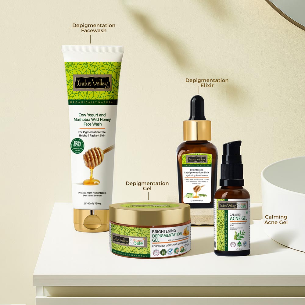【Indus Valley】 Calming Acne Gel Clarifies Skin & Soothes Acne With Seaweed Extract & Tea Tree Oil - 30ml. Depigmentation Range Combo (Acne Gel + Depigmentation Gel 50ml + Depigmentation Elixir 20ml + Face Wash 100ml)