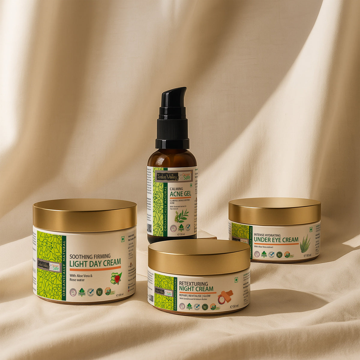 【Indus Valley】 Calming Acne Gel Clarifies Skin & Soothes Acne With Seaweed Extract & Tea Tree Oil - 30ml. Daily Acne Skin Care Kit (Acne Gel + Day Cream + Night Cream + Under Eye Cream)