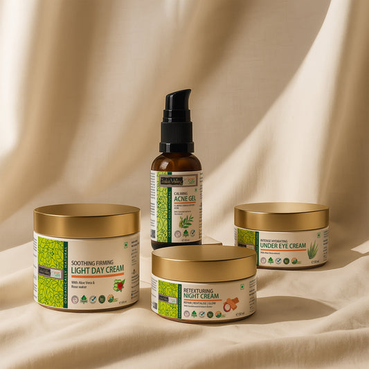 【Indus Valley】 Calming Acne Gel Clarifies Skin & Soothes Acne With Seaweed Extract & Tea Tree Oil - 30ml. Daily Acne Skin Care Kit (Acne Gel + Day Cream + Night Cream + Under Eye Cream)