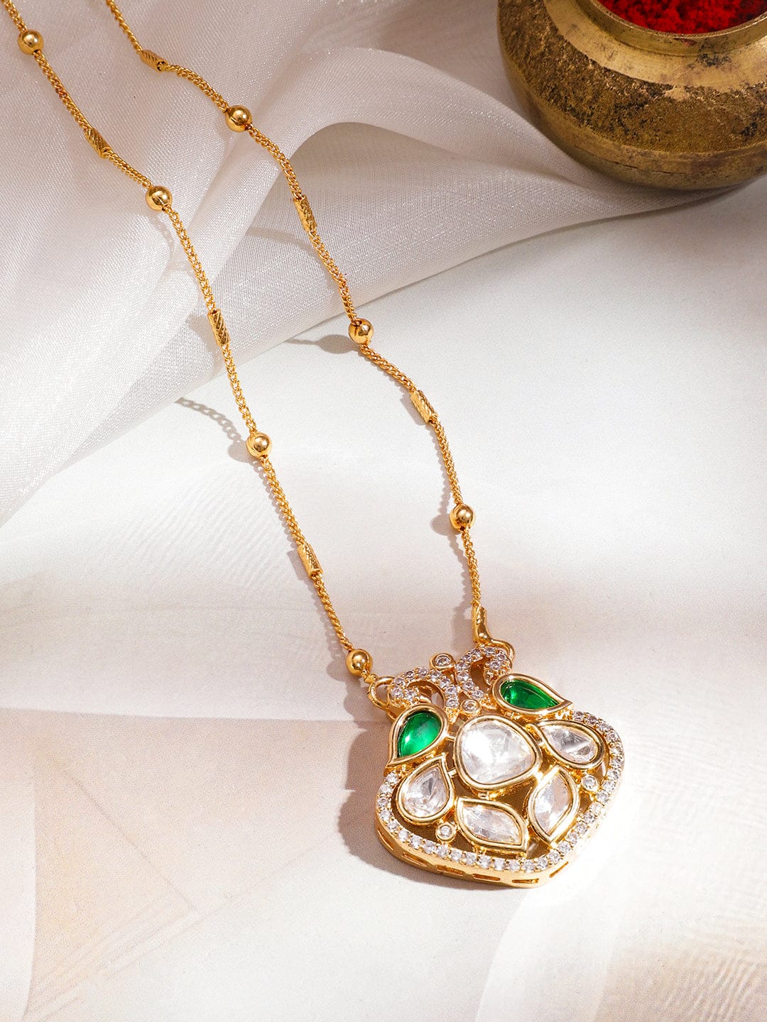 Captivating Green Kundan & American Diamond Zirconia Pendant Necklace フリーサイズ
