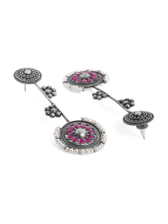 Rubans Oxidised Silver Plated Handcrafted Ruby Stone with White Pearls Drop Earrings Silver