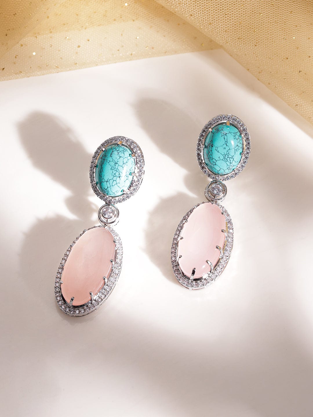 American Diamond Zirconia Pink & Blue Drop Earrings Multicolor