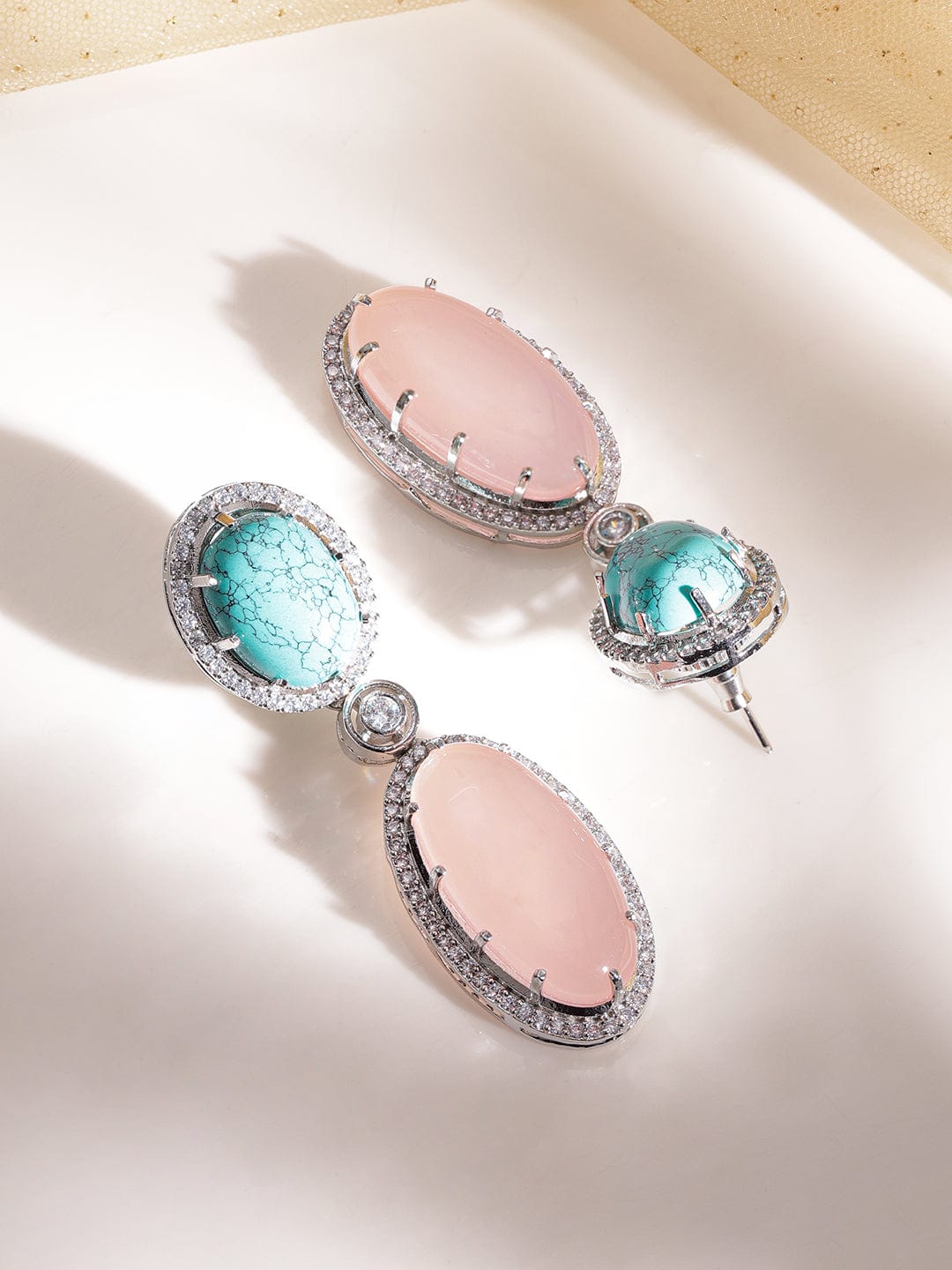 American Diamond Zirconia Pink & Blue Drop Earrings Multicolor