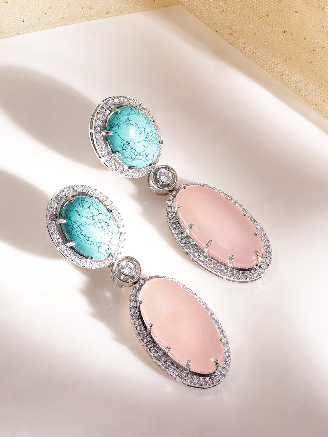 American Diamond Zirconia Pink & Blue Drop Earrings Multicolor