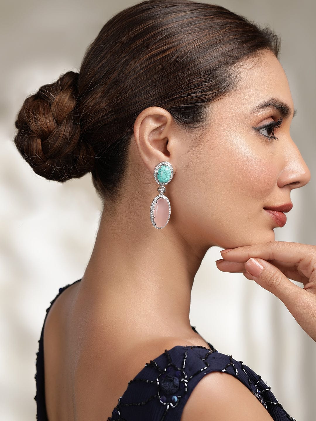 American Diamond Zirconia Pink & Blue Drop Earrings Multicolor