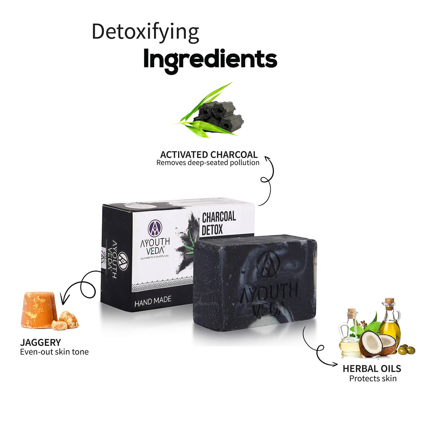 Charcoal Detox Handmade Castile Soap With Activated Charcoal & Jaggery ( Net Qty-110g ) - Pack of 12 (Save 20%) 110g