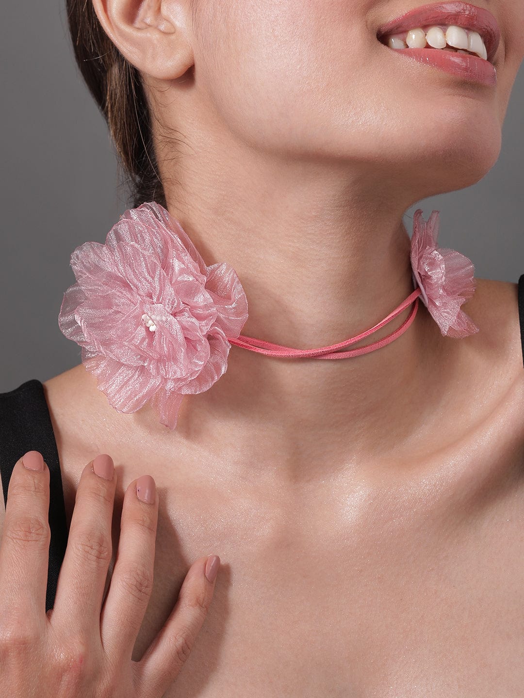 Delicately Graceful Pink Floral Statement Necklace Beige