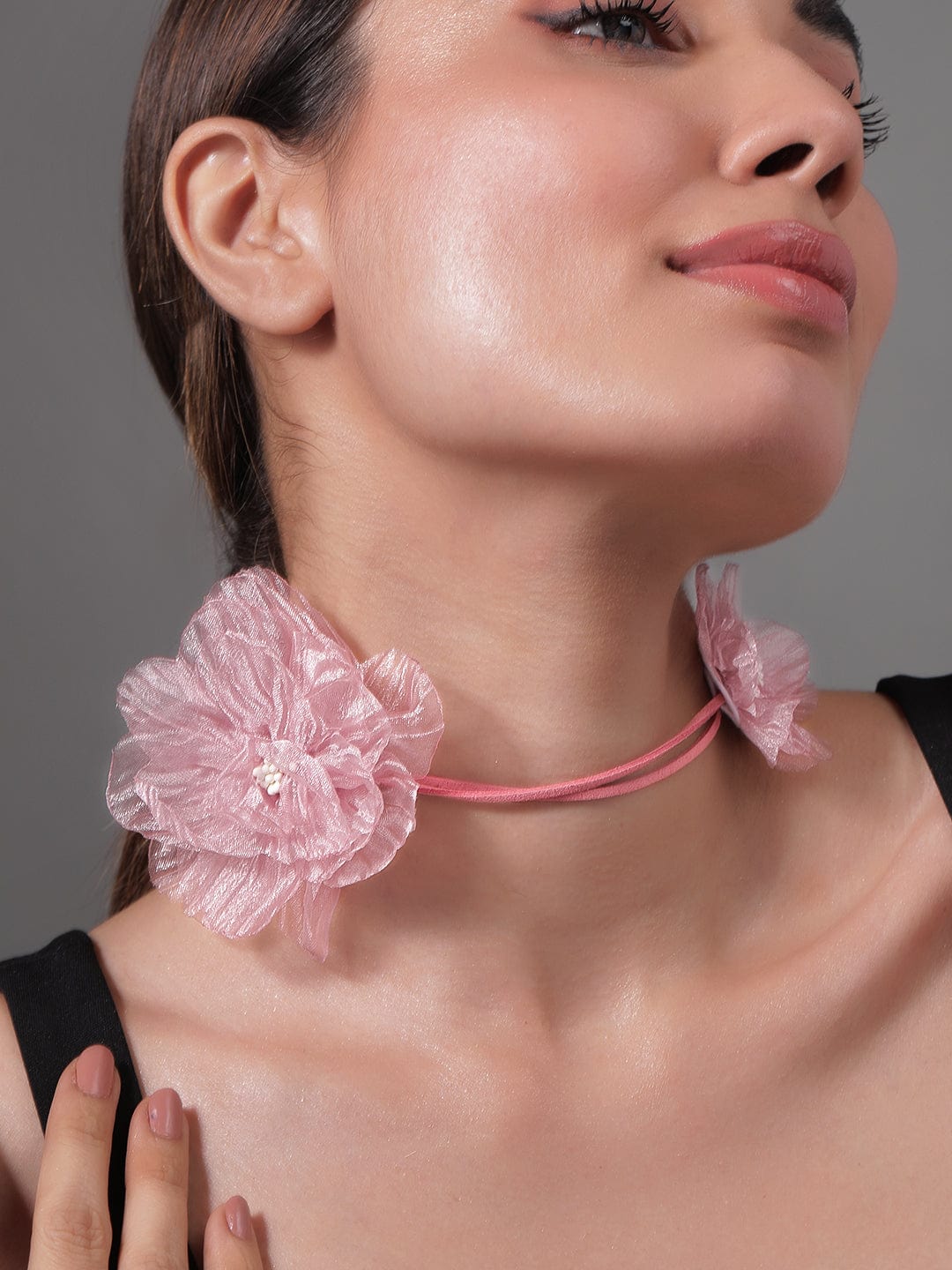 Delicately Graceful Pink Floral Statement Necklace Beige