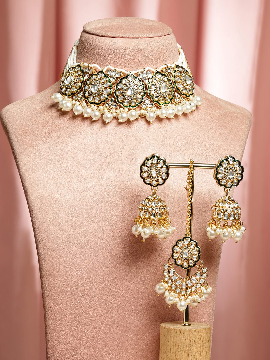 Classic Green & White Kundan Necklace Set フリーサイズ