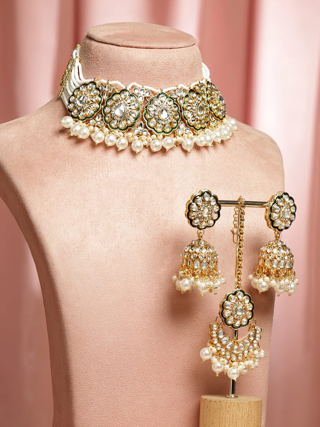 Classic Green & White Kundan Necklace Set フリーサイズ