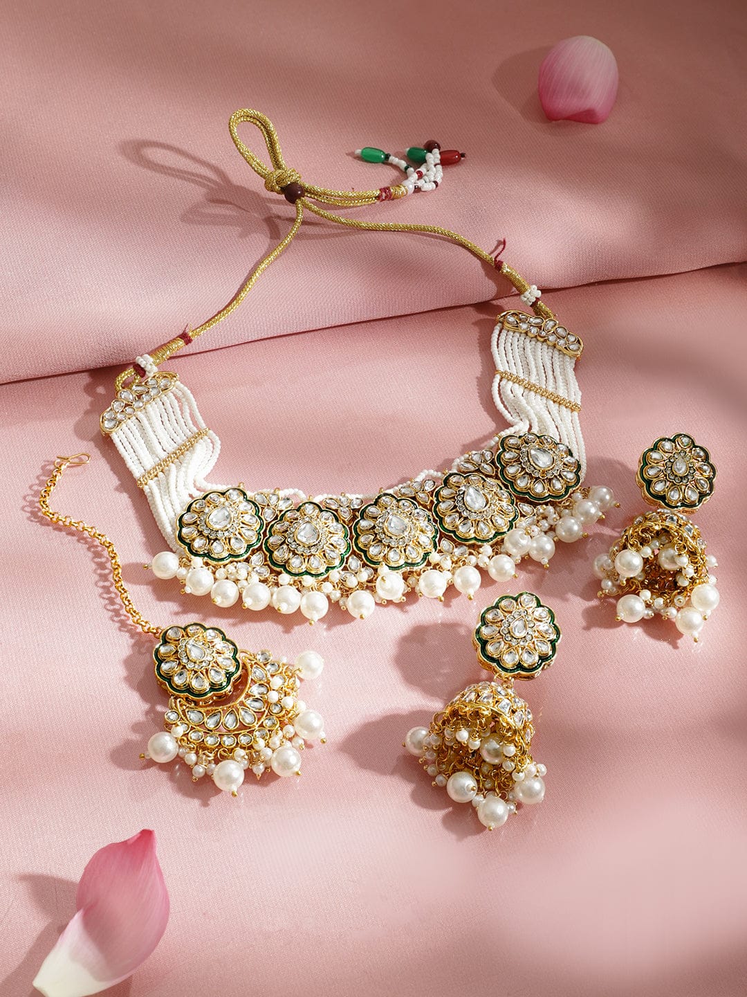 Classic Green & White Kundan Necklace Set フリーサイズ