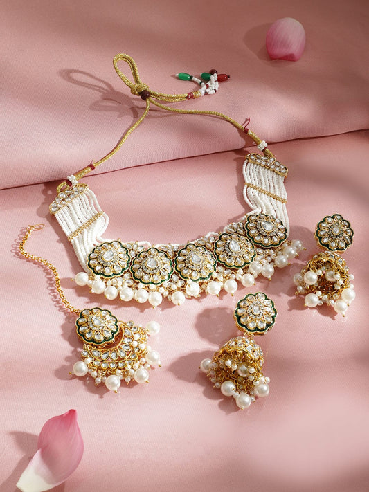 Classic Green & White Kundan Necklace Set フリーサイズ