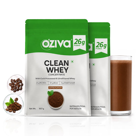 【OZiva】 Clean Whey Concentrate 27g Protein Cold-Processed Coffee, Pack of 2 (Power Pack, 907g x 2)