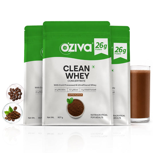 【OZiva】 Clean Whey Concentrate 27g Protein Cold-Processed Coffee, Pack of 3 (Performance Pack, 907g x 3)