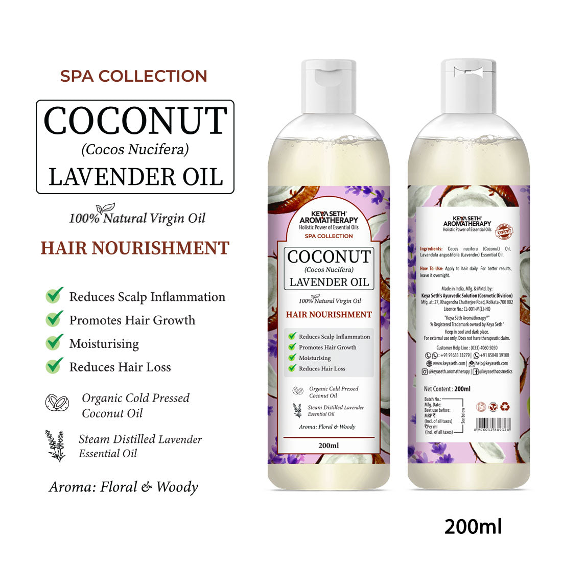 1% Lavender with 99% Coconut Oil - Cold Pressed Virgin Oil, Nourishes, Moisturizes, Promotes Hair Growth & Soothes Scalp Inflammation 200ml
