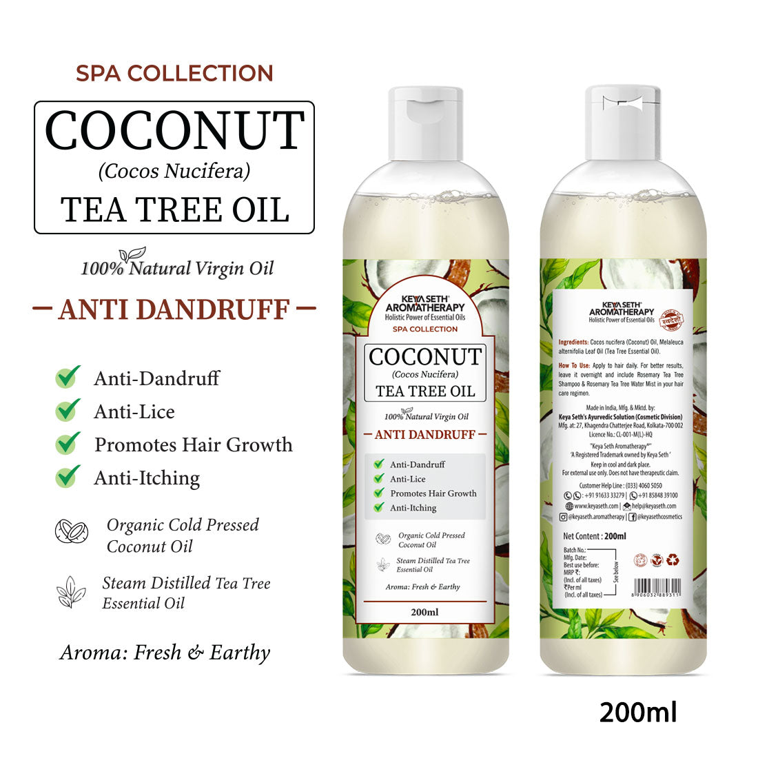 1% Tea Tree & 99% Coconut Oil – Cold Pressed, Promotes Hair Growth, Controls Hair Fall, Dandruff & Lice, Soothes Itching 200ml