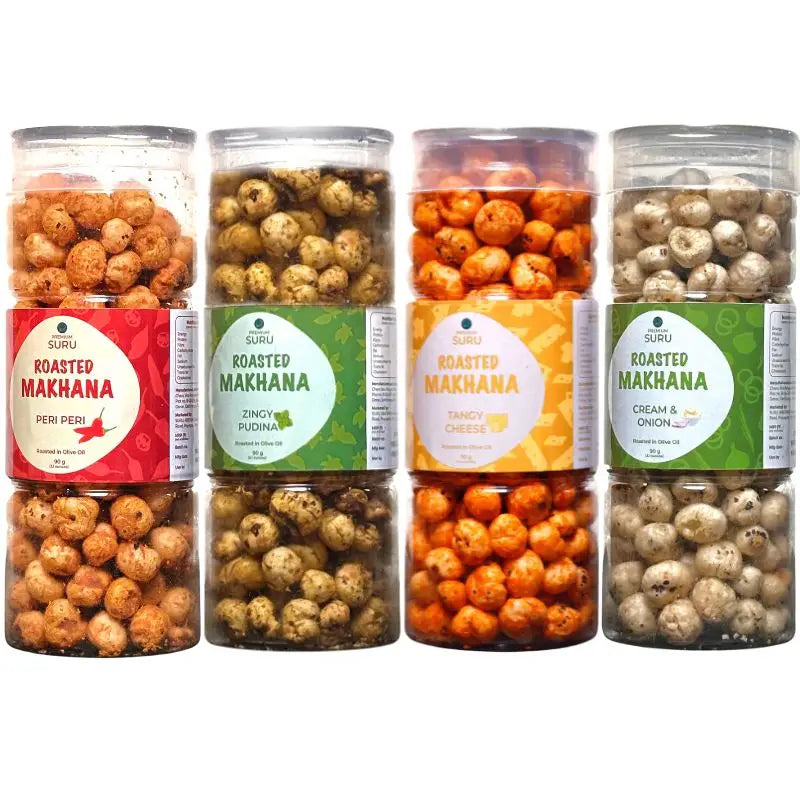 【SURU】 Spice, Cream, Cheese & Mint Combo Roasted Makhana Pack of 4｜ローストマカナ 4種セット（ペリペリ・クリーム＆オニオン・タンギーチーズ・ジンギープディナ）｜90g×4