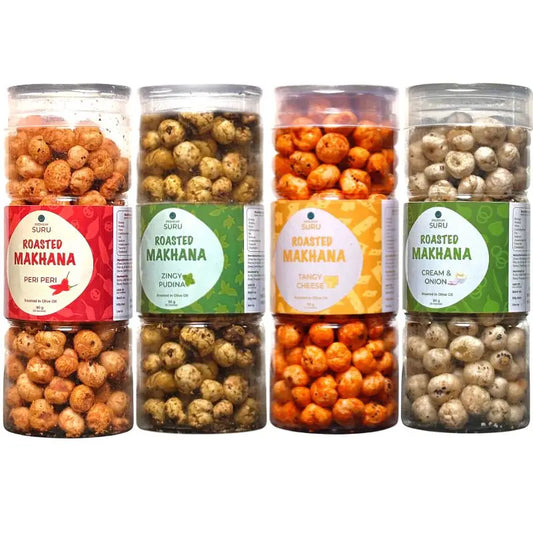 【SURU】 Spice, Cream, Cheese & Mint Combo Roasted Makhana Pack of 4｜ローストマカナ 4種セット（ペリペリ・クリーム＆オニオン・タンギーチーズ・ジンギープディナ）｜90g×4