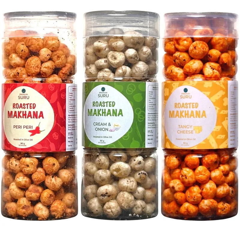 【SURU】 Triple Flavour Combo Roasted Makhana Pack of 3｜ローストマカナ 3種セット（ペリペリ・クリーム＆オニオン・タンギーチーズ）｜90g×3