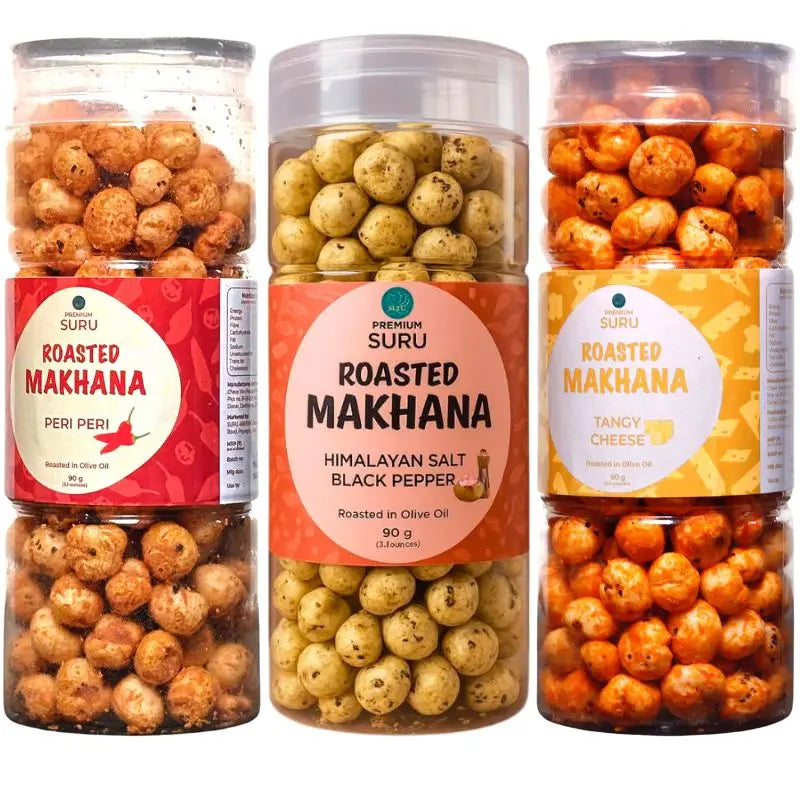【SURU】 Spicy, Savory & Cheesy Combo Roasted Makhana Pack of 3｜ローストマカナ 3種セット（ペリペリ・ヒマラヤソルト＆ブラックペッパー・タンギーチーズ）｜90g×3