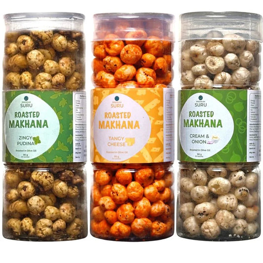 【SURU】 Zingy, Onion & Cheesy Combo Roasted Makhana Pack of 3｜ローストマカナ 3種セット（ジンギープディナ・タンギーチーズ・クリーム＆オニオン）｜90g×3
