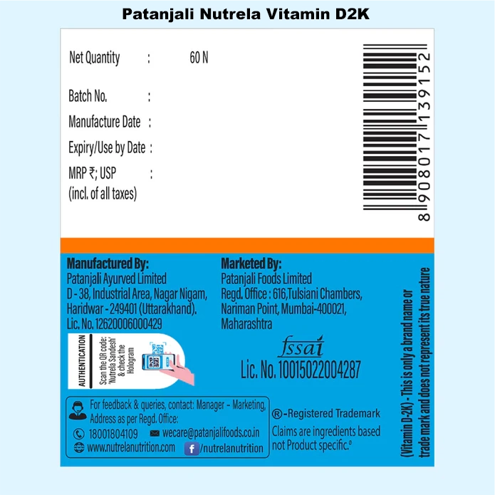 Combo Patanjali Nutrela Vitamin D2K + B12 (60N+30)