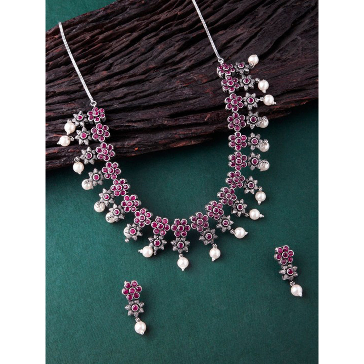 Rubans Oxidised Silver Plated Embellished With Faux Ruby Floral Necklace Set Pink