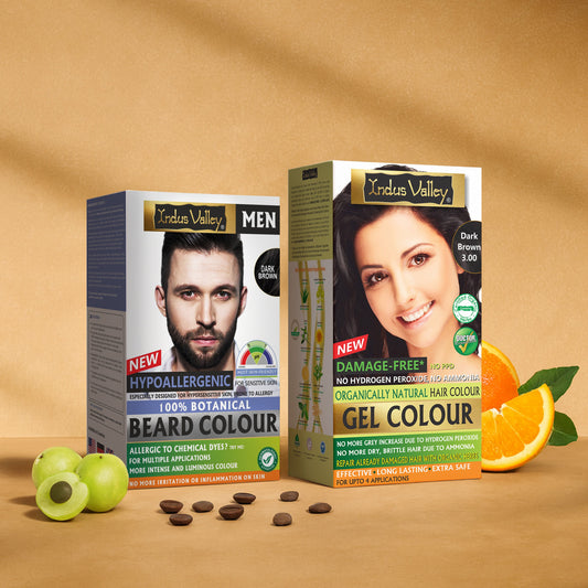 【Indus Valley】 100% Botanical Beard Color 115ml & Damage Free Gel Hair Color 220ml Combo Dark Brown