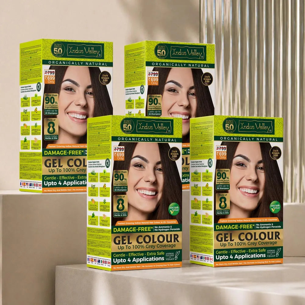 【Indus Valley】 Damage Free Dark Brown 3.00 Gel Hair Color For Women & Men | Chemical Free, Long Lasting, Safe & Gentle - 200ml + 20g Pack of 4